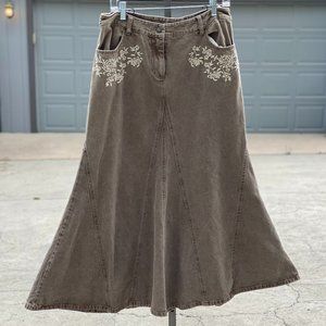 Jeanology brown denim embroidered flare maxi skirt